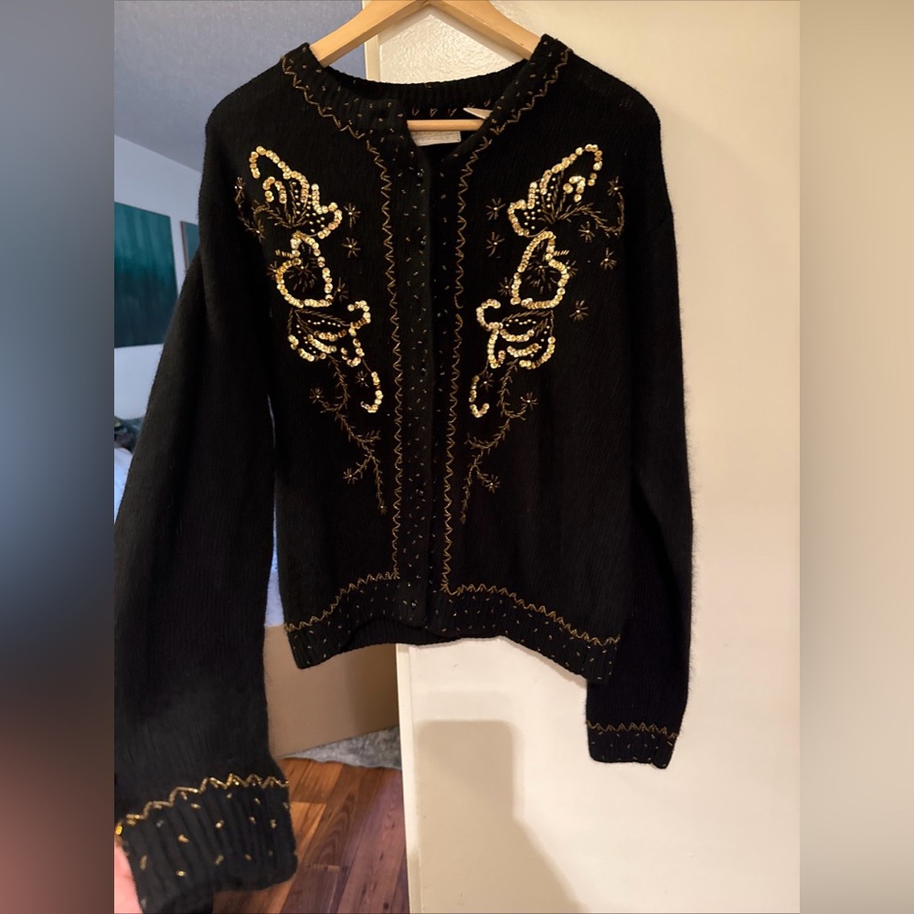 Black vintage cottagecore Silk Embellished Knit Cardigan Sweater